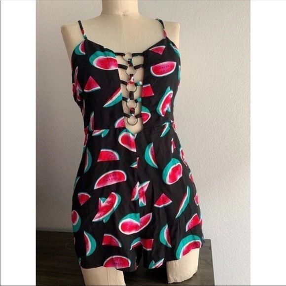 LF Millau Watermelon Pattern Romper Tank Strap Shorts Silver Metal Ring Cutouts - Picture 2 of 10